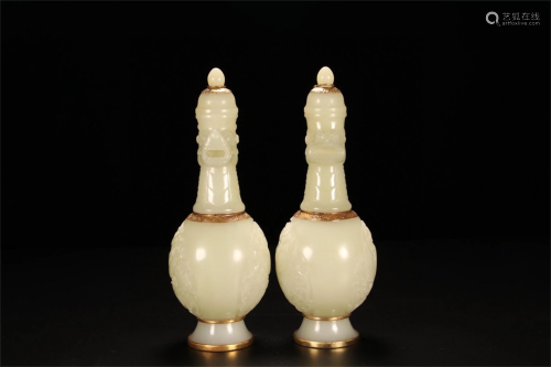 A Pair of Chinese Carved Jade Wine Pots