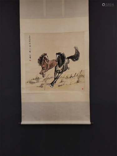A Chinese Scroll Painting of Running Horses
