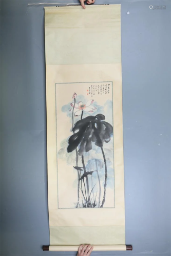 A Chinese Scroll Painting of Lotus Flowers