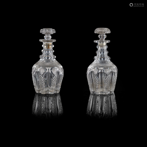 PAIR OF FULL BOTTLE TRIPLE NECK RING DECANTERS AND A