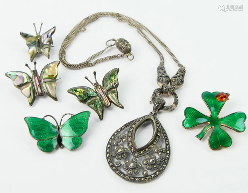 COLLECTION VINTAGE STERLING ENAMEL PINS& NECKLACE