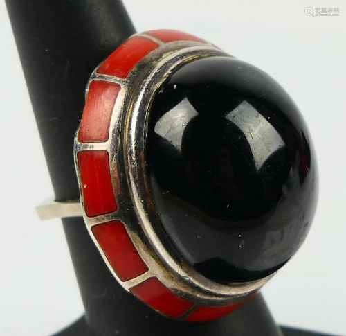 ERTE RARE ONYX & CORAL STERLING LIMITED RING