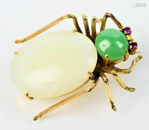 AWESOME 14KT Y GOLD SPIDER PIN JADEITE & OPAL