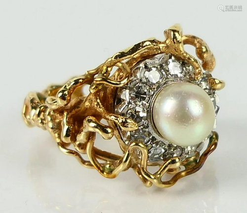 GORGEOUS 14KT YELLOW GOLD DIAMOND & PEARL RING