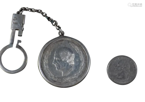 ANTIQUE STERLING SILVER CINCO PESOS COIN KEYCHAIN
