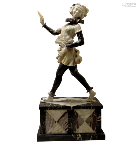 ART DECO MARBLE, BRONZE AND IVORY HARLEQUIN STATUE