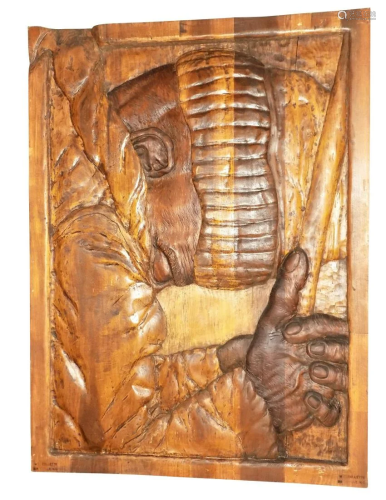 LARGE CARVED WOOD RELIEF PANEL