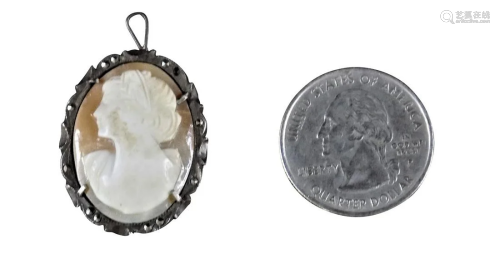 ANTIQUE SILVER CAMEO PENDANT WITH MARCASITE