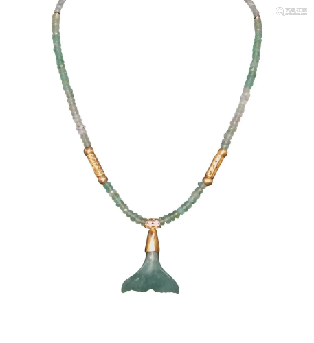 CUSTOM JADEITE WHALE TAIL, GOLD AND BEAD NECKLACE