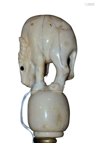 CARVED WALKING CANE WITH IVORY GOAT