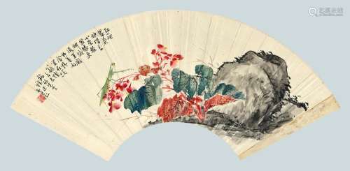 王雪涛（1903-1982） 辛未（1931年）作 海棠螳螂 成扇面 设色纸本