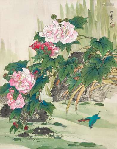 田镛（b.1938） 芙蓉翠鸟 立轴 设色绢本