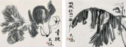 贺天健（1891-1977） 青腴·芭蕉 （二帧） 立轴 水墨纸本