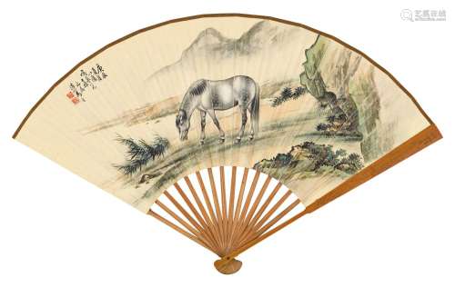 马晋（1899-1970）冯汝琪（1870-？） 野池饮马、唐诗七首 成扇 设色纸本