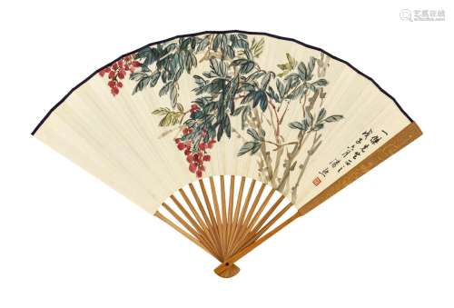 潘然（1907-1981）谢豹（1898-？） 天竹、临碑帖二种 成扇 设色纸本