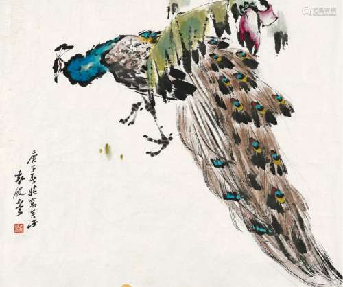 袁晓岑（1915-2008） 庚午（1990年）作 孔雀 镜心 设色纸本