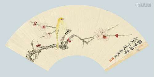 俞致贞（1915-1995 ） 戊寅（1938年）作 梅雀争春 扇面镜心 设色纸本