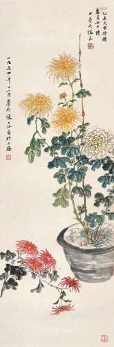 张大壮（1903-1980 ） 1954年作 三色菊 立轴 设色纸本