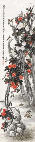 胡郯卿（1865-? ） 庚申（1920年）作 好鸟声中兆瑞年 立轴 设色纸本