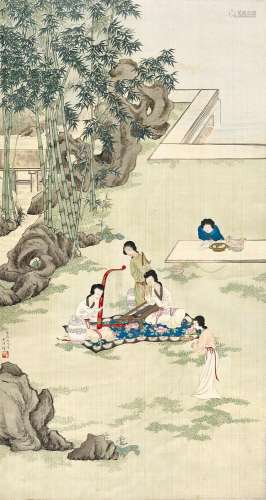 王叔晖 （1912-1985 ） 戊辰（1928年）作 竹园箜篌 立轴 设色绢本