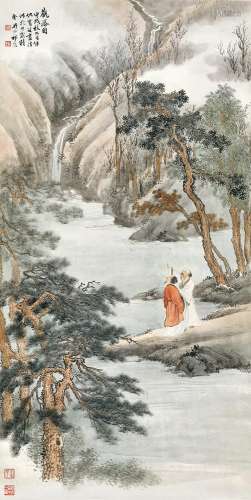 祁崑 （1901-1944 ） 甲戌（1934年）作 观瀑图 立轴 设色纸本