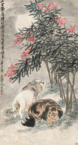 王震（1867-1938 ） 乙卯（1915年）作 花阴双犬 立轴 设色纸本