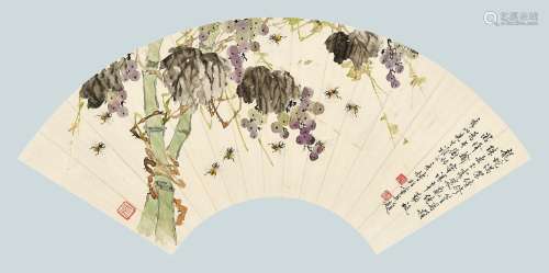 林彦博（1883-1944 ） 万颗珠垂群蜂忙 扇面镜心 设色纸本