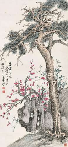 张石园（1898-1959 ） 庚寅（1950年）作 岁寒三友 镜心 设色纸本
