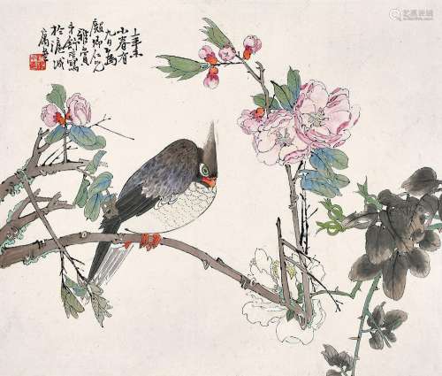 舒浩 （1841-1901 ） 辛未（1871年）作 海棠高冠 立轴 设色纸本