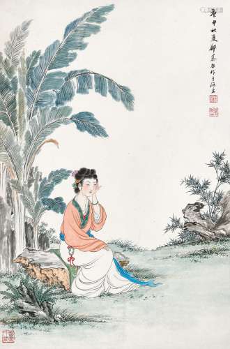 郑慕康（1901-1982 ） 庚申（1980年）作 蕉阴理鬓 立轴 设色纸本
