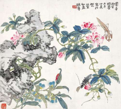 陈摩 （1887-1946 ） 壬午（1942年）作 春园虫趣 立轴 设色纸本