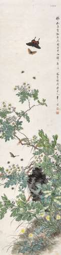 陈康侯（1866-1937 ） 春园蜂蝶忙 立轴 设色纸本