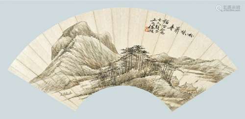 任预（1853-1901 ） 松林萧寺 扇面镜心 设色纸本