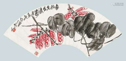 齐白石（1864-1957 ） 庚辰（1940年）作 豆荚 扇面镜心 设色纸本