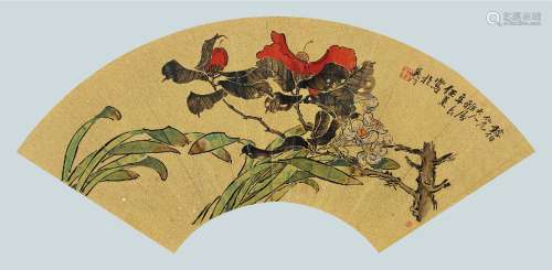 任薰 （1835-1893 ） 红茶水仙 扇面镜心 设色泥金笺