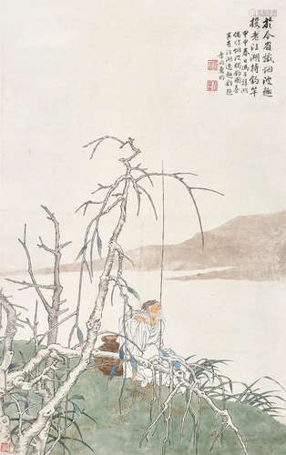 冯谆夫画惠孝同题 甲申（1944年）作 烟波独钓 立轴 设色纸本