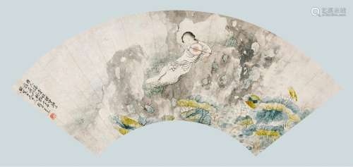 王素（1794-1877 ） 欲与荷花斗晚妆 扇面镜心 设色纸本