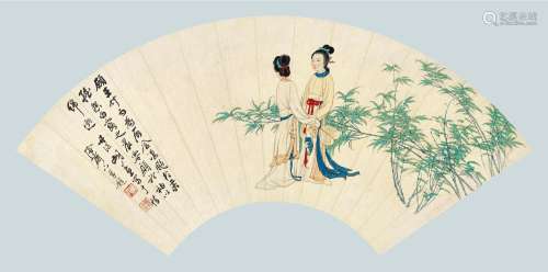 胡若思（1916-2004 ） 竹林双姝 扇面镜心 设色纸本