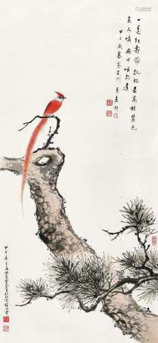 颜家宝贺孟昭合作 甲子（1984年）作 高松长寿 镜心 设色纸本