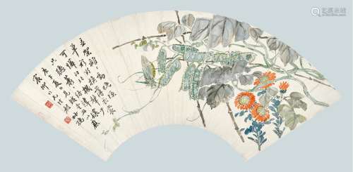 赵叔孺（1874-1945 ） 庚午（1930年）作 豆荚蝈蝈 扇面镜心 设色纸本