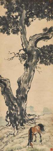 徐悲鸿 （1895-1953 ） 癸未（1943年）作 柏阴真龙 立轴 设色纸本