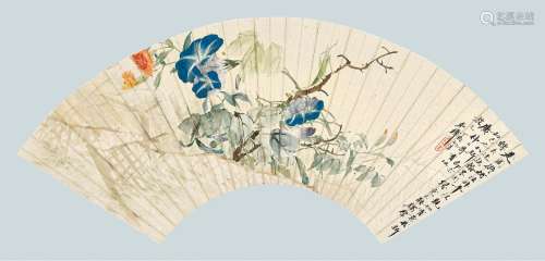 程璋（1869-1938 ） 丁酉（1897年）作 秋圃牵牛 扇面镜心 设色纸本