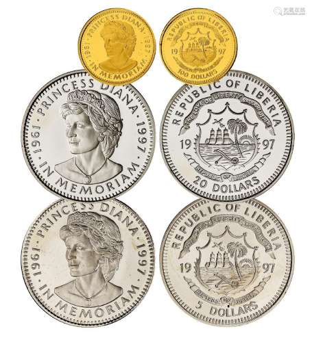 1997年利比里亚发行黛安娜王妃逝世纪念币三枚套装