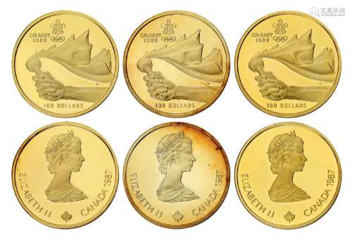 1987年加拿大发行第15届冬季奥林匹克运动会纪念金币三枚