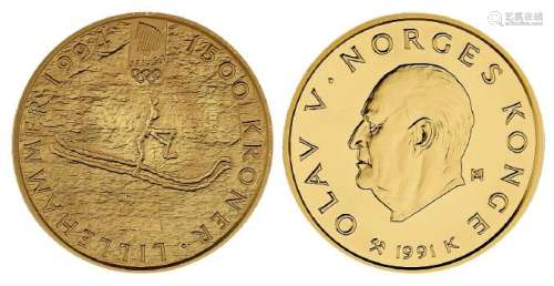 1991年挪威发行第17届冬季奥林匹克运动会纪念金币一枚