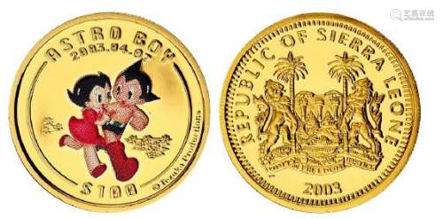 2003年塞拉利昂发行全球限量版铁臂阿童木诞辰纪念彩色金币一枚