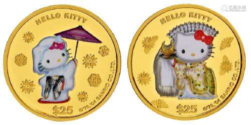 2004年库克群岛发行Hello Kitty诞辰三十周年彩色纪念金币二枚