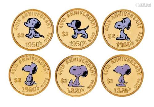 1990年库克群岛发行史努比诞辰四十周年彩色纪念金币六枚套装