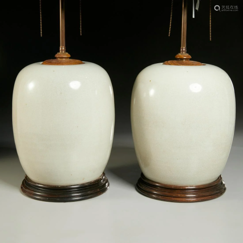 Pair Chinese pale celadon ginger jar lamps