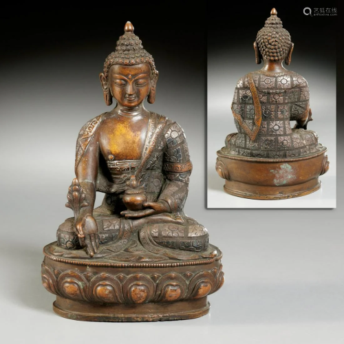 Tibetan silver overlaid bronze Medicine Buddha